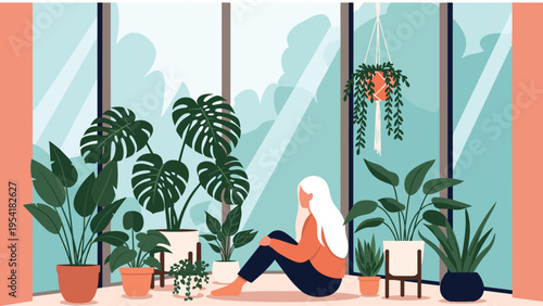 Peaceful woman sitting on floor surrounded by various indoor house plants near large window with garden view for relaxation.