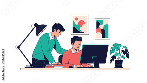 Two professional men collaborating on a project using computer at shared office desk with desk lamp and decorative plants.