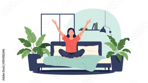 Relaxed woman sitting in lotus pose meditating on bed with arms raised in peaceful bedroom interior with house plants.