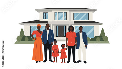 Happy diverse family of six standing together in front of their large modern two story house with manicured landscaping.