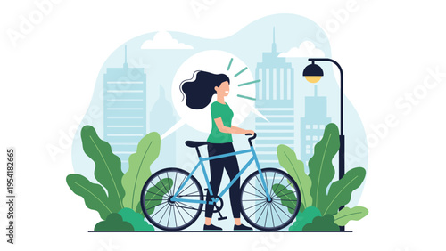 Happy woman walking with her bicycle through city park with green plants and urban buildings in background under sunny sky.