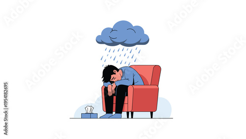 Depressed man sitting hunched over in armchair under a dark rainy cloud symbolizing sadness, grief, and mental health issues.