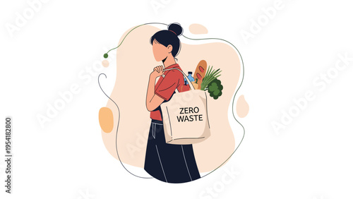 Environmentally conscious woman carrying cloth zero waste bag filled with fresh groceries including bread and vegetables.
