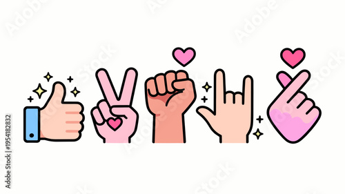Collection of cartoon hands showing various gestures like thumbs up, heart, and peace sign
