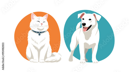 Friendly white cat and white dog sitting and standing in decorative colorful circles representing pet companions and friendship.