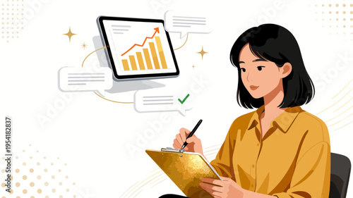 Young woman analyzing financial growth chart on tablet while taking notes on clipboard