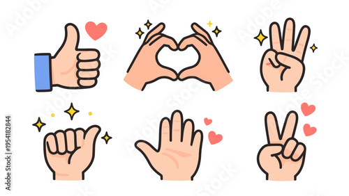 Collection of cute hand gestures and hearts in a playful, cartoonish style