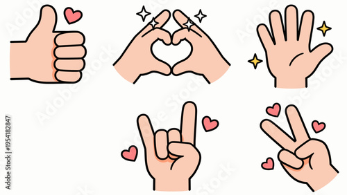 Collection of cute hand gestures and hearts in a playful, cartoonish style