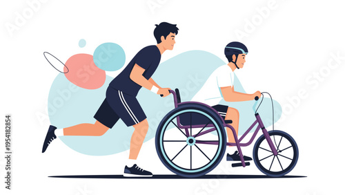 Athletic man running while pushing person in specialized adaptive tricycle or wheelchair for inclusive sports participation.