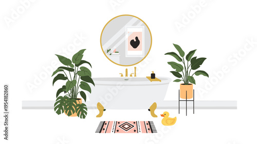 Luxury modern bathroom interior with clawfoot bathtub, large round mirror, house plants, and decorative rug for spa atmosphere.