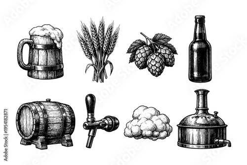 Vintage beer making ingredients and equipment illustration in a sketch style