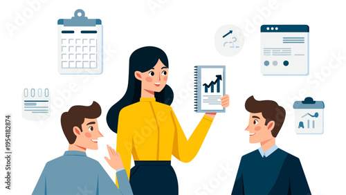 Two colleagues collaborate on a project, discussing financial data and future projections with visual aids like charts and calendars