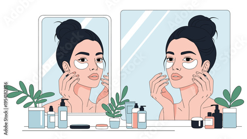 Young woman performing skincare routine by applying white eye patches while looking in mirror at her bathroom vanity.