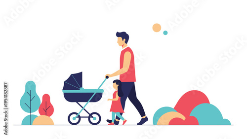 Father walking through park with baby in stroller and young daughter following along in a scenic outdoor environment.