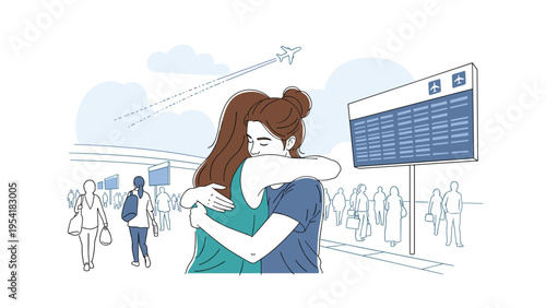Emotional reunion or farewell between two women who are hugging tightly at an airport terminal with a flight departures board behind.