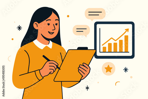 Businesswoman analyzing financial growth chart on tablet and taking notes on clipboard