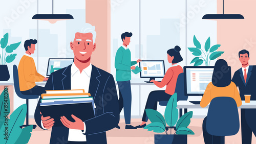 Professional workers collaborate in a bright modern office environment while a man in a suit carries a large stack of documents.