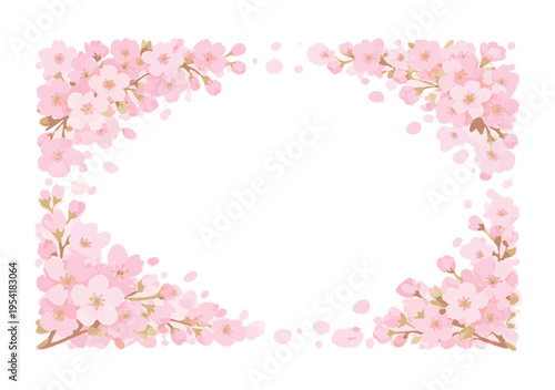 桜の花が囲む春のフレーム背景｜やさしいピンクの和風ボタニカル素材
