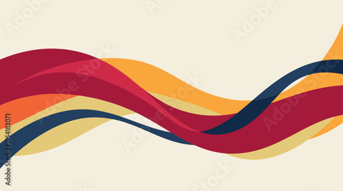 A vibrant, retro-inspired abstract design featuring flowing waves of warm colors like coral, yellow, blue, and orange against a cream background