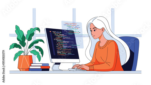 Young woman with long white hair is focused on writing code on her computer while working at a modern desk with a potted plant.
