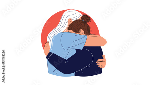 Heartfelt embrace between two women, one with white hair and one with a bun, set against a warm red circular background.