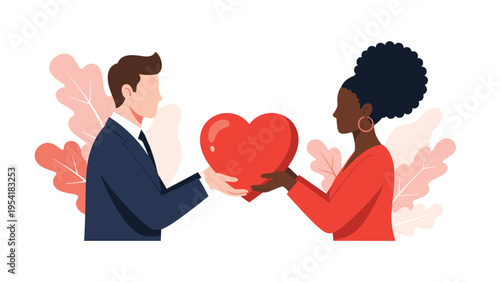 Man in a suit and a woman in a red dress hold a large red heart between them, signifying love, partnership, and affection.