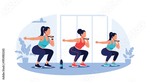 Three athletic women in colorful workout gear perform synchronized squats in a bright and clean modern gym or fitness studio.