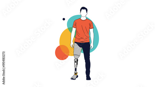Confident man with a prosthetic leg stands against an abstract colorful background, representing accessibility and resilience.