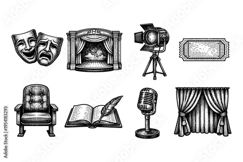 Vintage theater and performance icons including masks, stage, spotlight, ticket, chair, book, microphone, and curtains