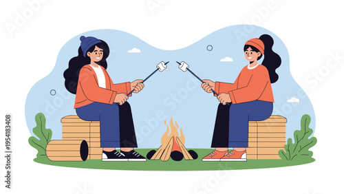 Two female friends sit on logs in nature and enjoy roasting marshmallows over a warm campfire during a camping trip.