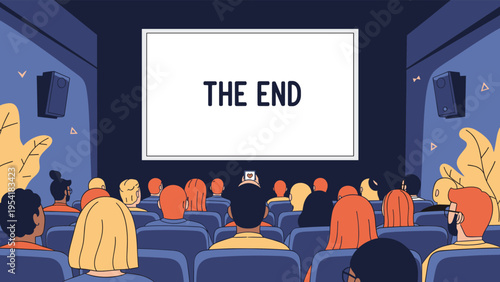 Diverse audience in a movie theater watches the final credits as the words The End appear on the large cinema screen.