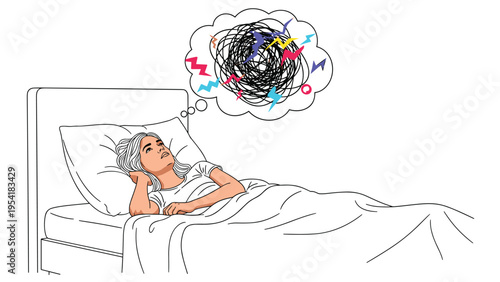 Woman lies awake in bed looking up at a chaotic thought bubble filled with scribbles, symbolizing stress, anxiety, or insomnia.