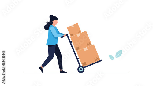 Professional female delivery worker pushing a manual hand truck loaded with cardboard boxes for package distribution.