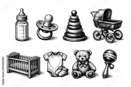 Vintage baby essentials collection in a charming engraved illustration style