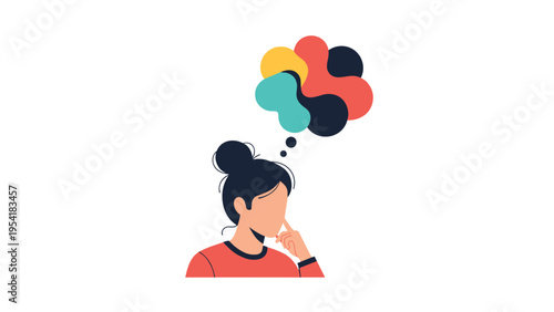 Young woman thinking deeply with a vibrant multi-colored abstract thought bubble above her head symbolizing creativity.