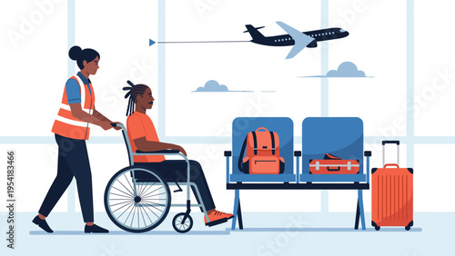 Airport staff member assisting a male passenger in a wheelchair through the terminal with a plane taking off in background.