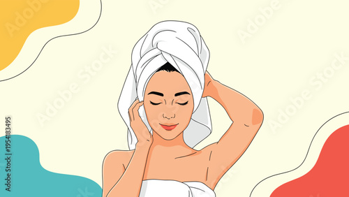 Beautiful young woman with her eyes closed wearing a white towel on her head after a relaxing shower or spa treatment.