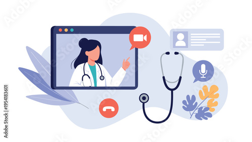 Digital interface of an online medical consultation showing a female doctor on screen with a stethoscope and icons.