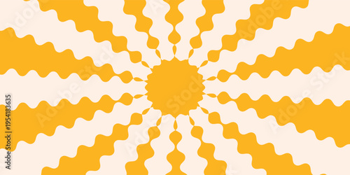 Horizontal retro groovy background with bright sunburst in style 60s, 70s. Trendy colorful graphic print.eps10