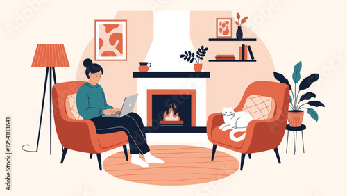 Cozy living room scene with a woman sitting in an armchair working on a laptop near a warm fireplace and a cat.