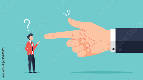 Conceptual illustration of a giant business hand pointing at a small confused man with a question mark above him.