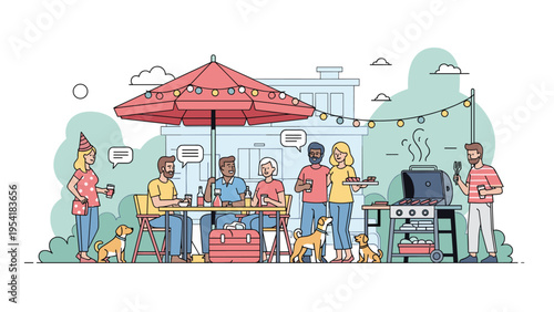 Diverse group of friends enjoying a backyard barbecue garden party with food, drinks, a grill, and pets under a parasol.