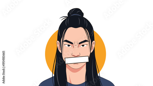 Portrait of a young person with long dark hair having a white tape over their mouth symbolizing silence or censorship.