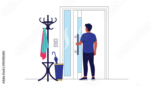 Man in a blue t-shirt standing at the glass entrance door of a modern house next to a coat rack with an umbrella.