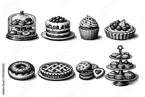 Collection of delicious baked goods and desserts in a vintage sketch style