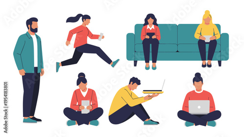 Diverse collection of people characters in various poses using smartphones, laptops, and tablets for daily life activities.