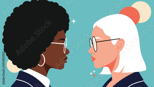 Close up profile portrait of two diverse women wearing glasses looking directly at each other on a teal background.