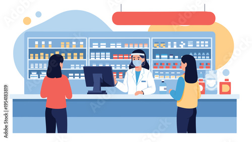 Female pharmacist wearing a face mask and shield serving customers behind a counter in a well-stocked pharmacy.