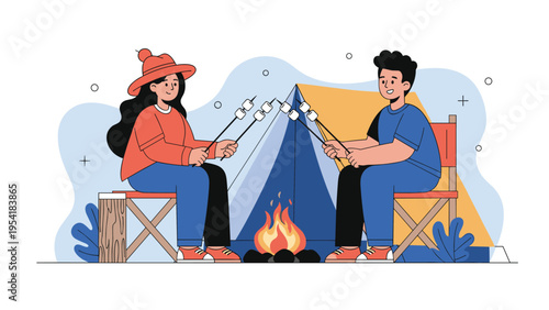 Young couple enjoying outdoor camping trip while roasting marshmallows over open fire in front of tent at night.