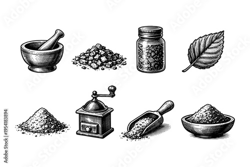 Vintage illustration of spices and grinding tools, a collection of culinary elements